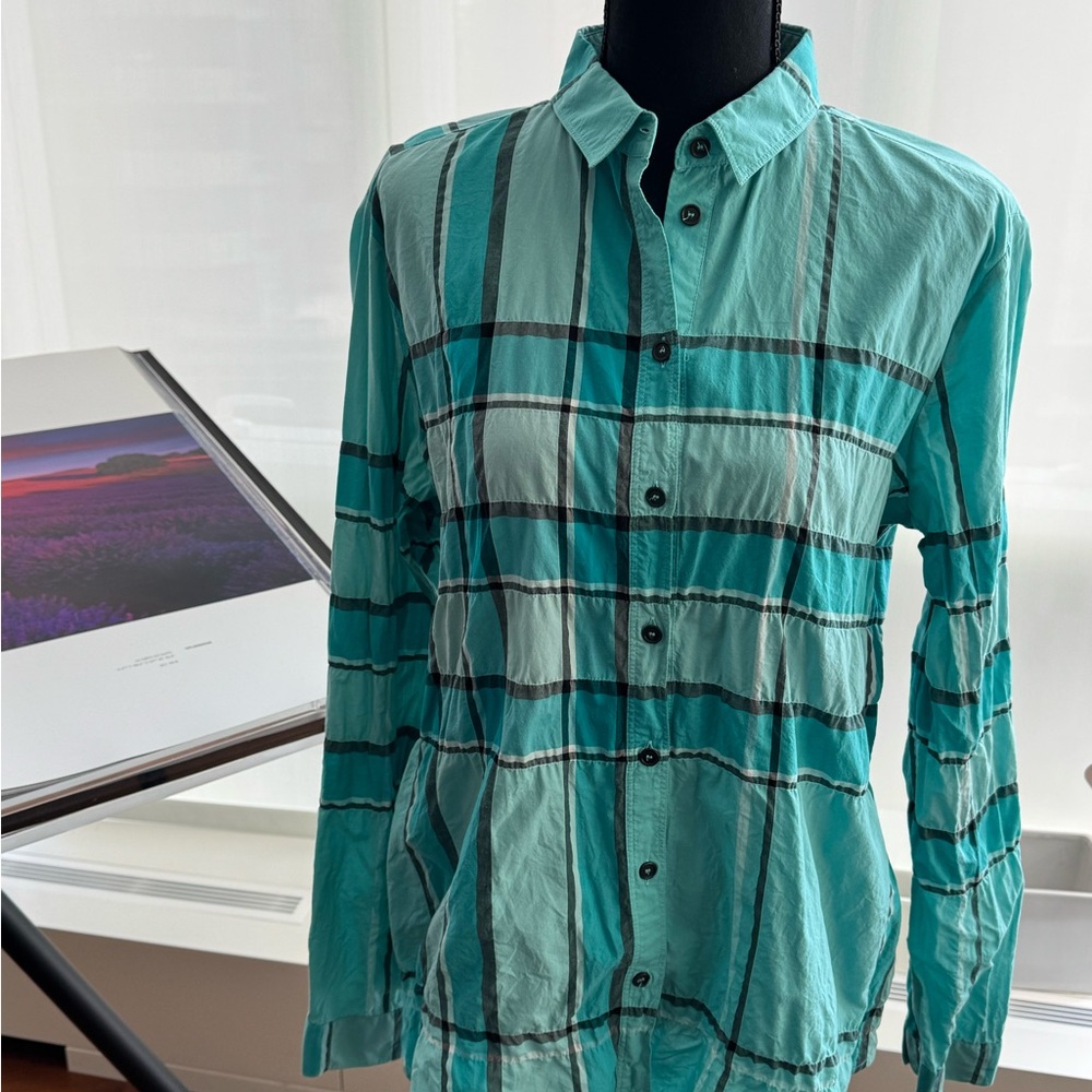 Burberry Teal Plaid Button-Up Shirt